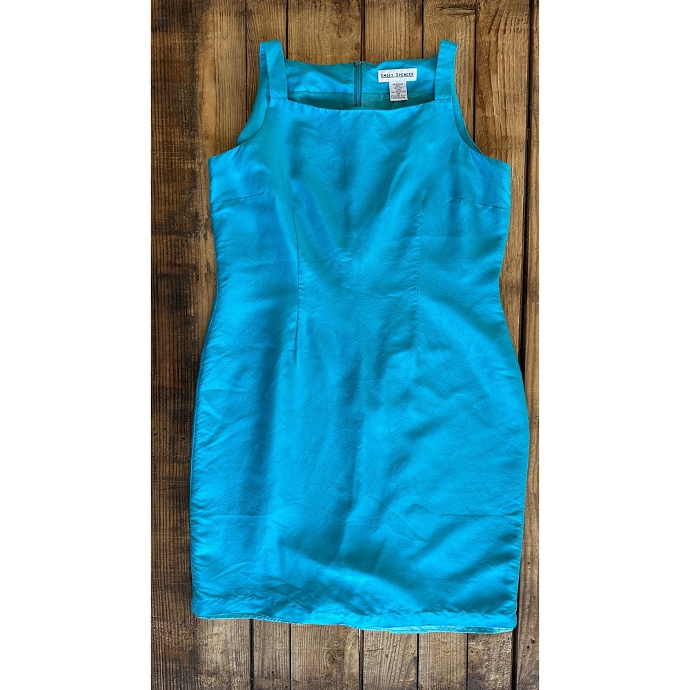 Emily Spencer Turquoise Blue 100% Silk Sheath Dress Square Neck Petite 8P